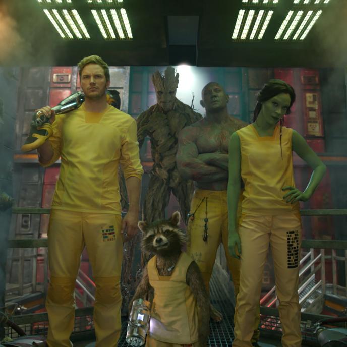 guardians of the falaxy characters star-lord, racoon, gamora, drax and groot standing together