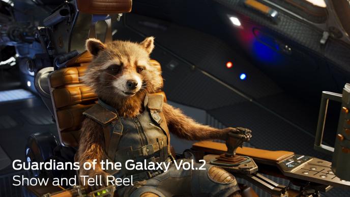 rocket raccoon smiling while sitting in a spacecraft. there is text 'guardians of the galaxy vol 2 show and tell reel' at the bottom left