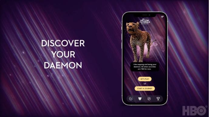 my daemon leopard character on a phone screen with the text 'discover your daemon' on the left