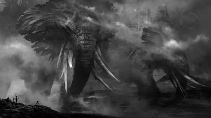 concept art of two gigantic elephants with six tusks each adorned in battle armour
