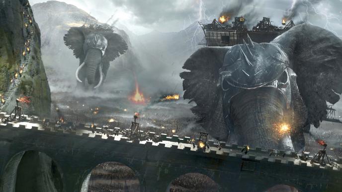 two gigantic elephants adorned in battle armour charging towards a brick bridge as thousands of soldiers below are fighting