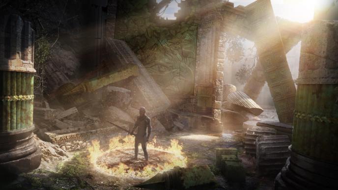 concept art of a soldier wearing battle armour holding a sword inside of a ring of fire amongst a roman architecture that is in ruins