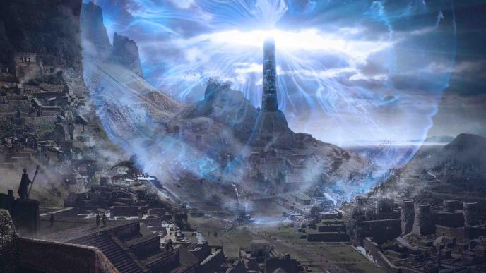 a medieval town structure settlement at the base of a mountain. there is a large tower that is omitting light that resembles a plasma globe
