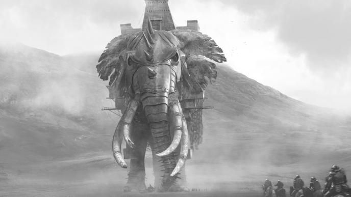 a gigantic elephant with four tusks adorned in battle armour walking towards soldiers riding horses