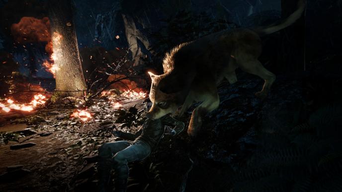 an animated vr world of a giant wolf biting the neck of a man that is laying on the ground amongst a forest that is burning