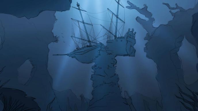 sketch of an underwater shipwreck