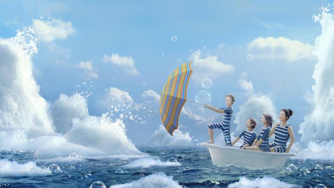 concept art of mary poppins and the banks children sailing in a bathtub boat with an umbrella guiding them through soapy seas
