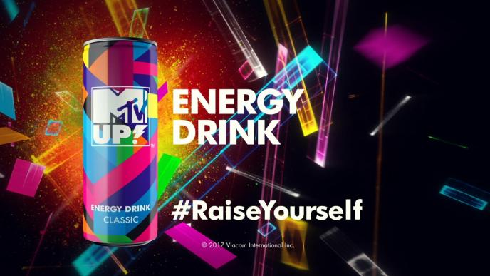 mtv branded energy drink can in front of geometrical graphics. there is text that reads 'energy drink' '#raiseyourself'