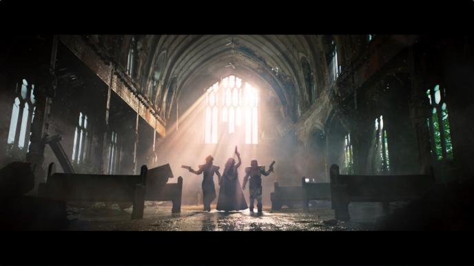 three cg animated characters walking in a destroyed church while holding up guns