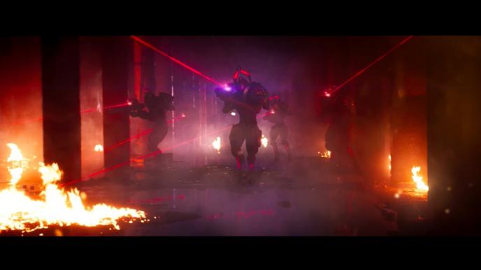 cg animated futuristic soldiers holding up guns that are shooting out laser beams