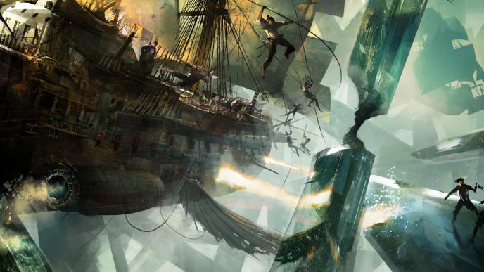 concept art of captain hook's ship the jolly roger floating in air as pirates jump off the ship