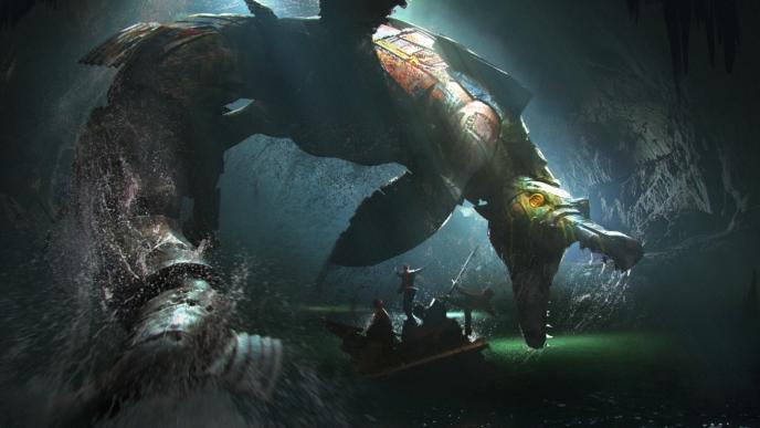 concept art of nevercroc crocodile jumping over a dinghy boat as pirates fall out of it