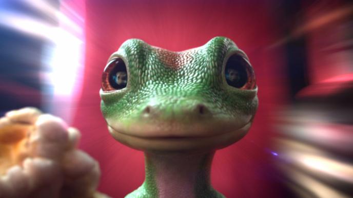 close up face view of the geico gecko mascot