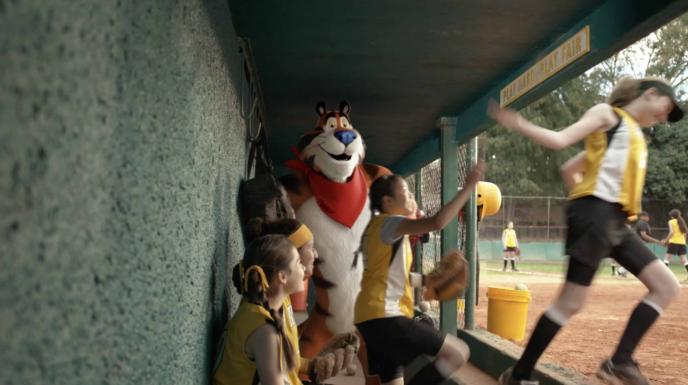 cg animation of tony the tiger cheering on children about to join a baseball game