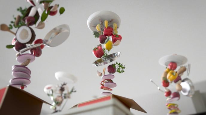 cg animated vegetables tossed in the air and arranged in a uniform vertical position under a plate