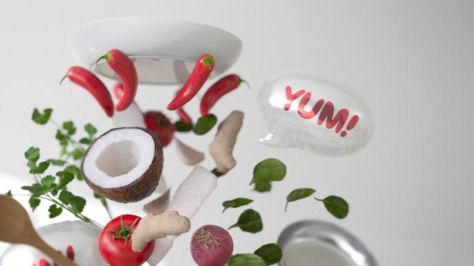 cg animated coriander, ginger, tomato, red onion and red peppers tossed in air with a speech bubble text 'yum'