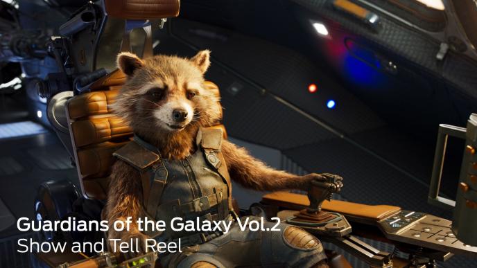 rocket raccoon sitting in a chair