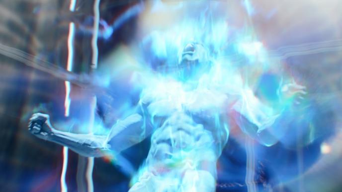 character from watchmen transclucent blue holding his arms and knucles up shouting