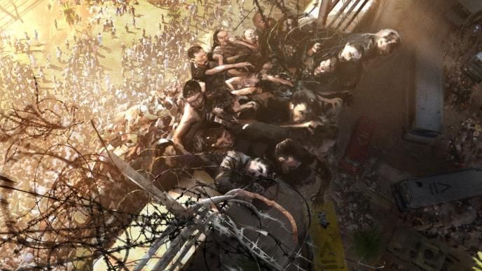 aerial view of thousands of zombies climbing a barbed wire wall