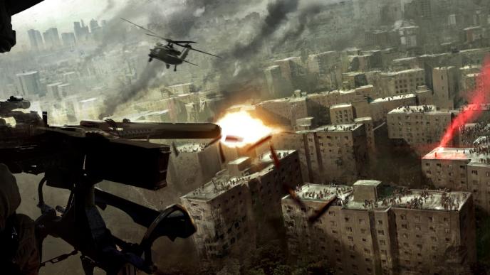 aerial view of helicopters firing at thousands of zombies that are on the roofs of buildings
