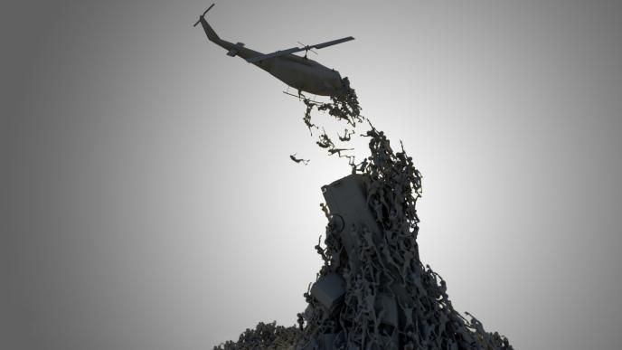 animation model of hundreds of zombies climbing up a tower and attacking a helicopter