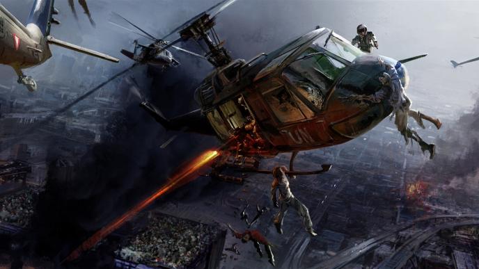 front view of two zombies hanging off a helicopter as a soldier points a gun at one and a soldier from inside is firing to the ground. there are two other helicopters flying nearby and there are thousands of zombies on the roof of buildings below