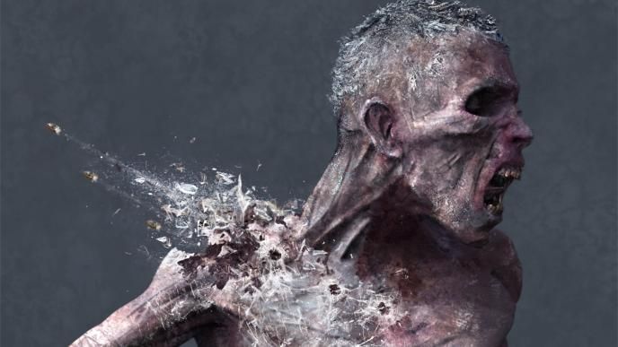 close up of a zombie with a shattered shoulder with three gun shots