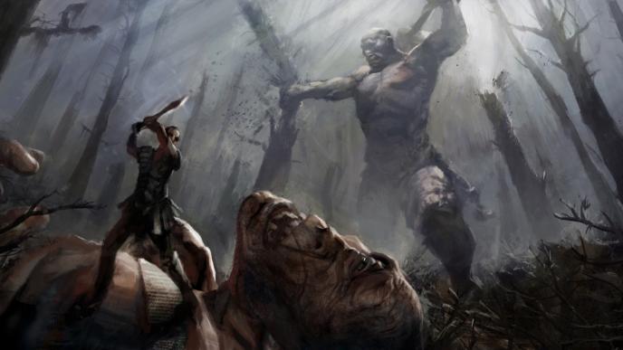 a soldier attacking a giant cyclops laying on the ground as another cyclops smashes into a tree while holding a hammer club