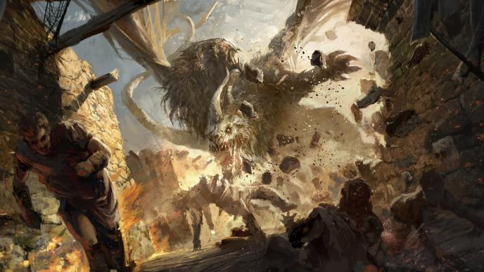 concept art of a giant chimera attacking soldiers on a battlefield