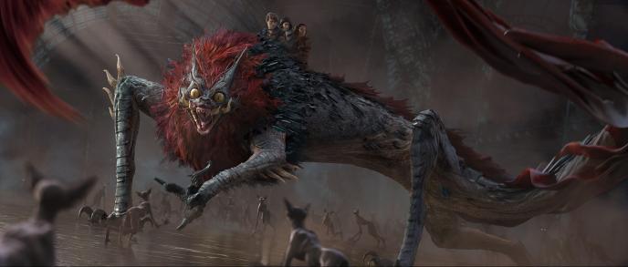 three characters sitting on a zouwu creature as they are surrounded by dozens of matagot creatures
