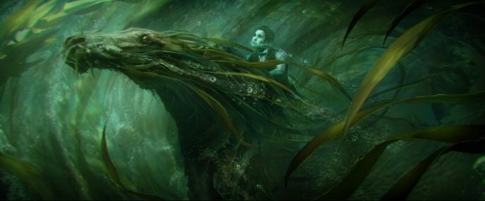 concept art of a character riding a kelpie creature underwater