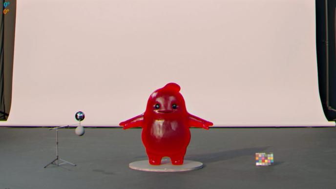 The NERDS gummy monster on a VFX turntable behind the scenes