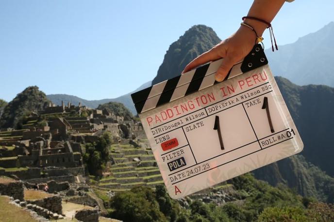 A clapper board showing the first day of shooting for Paddington in Peru