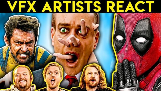 Thumbnail from Corridor Crew Crew's YouTube video featuring the crew reacting to a special effects still from Deadline & Wolverine