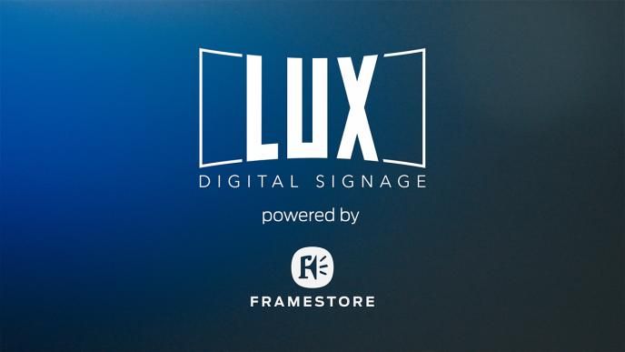 A blue green gradient background with the Lux Digital Signage logo in white.