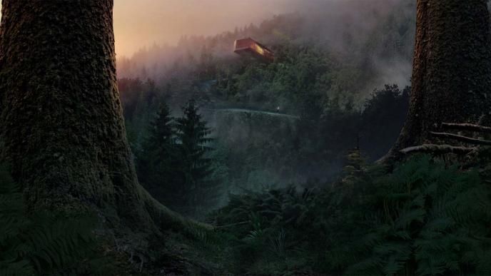 A CGI forest-scape with a digitally animated cabin balancing precariously out of the mountain side