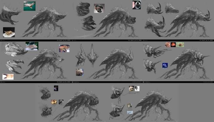 2D concept art and design iterations for Monarch S2, featuring real-world animal references for Titan X.
