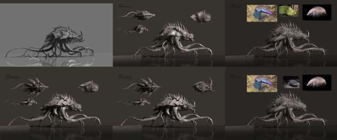 2D concept art for Monarch S2, featuring biomechanical studies, texture guides, and form development for Titan X.