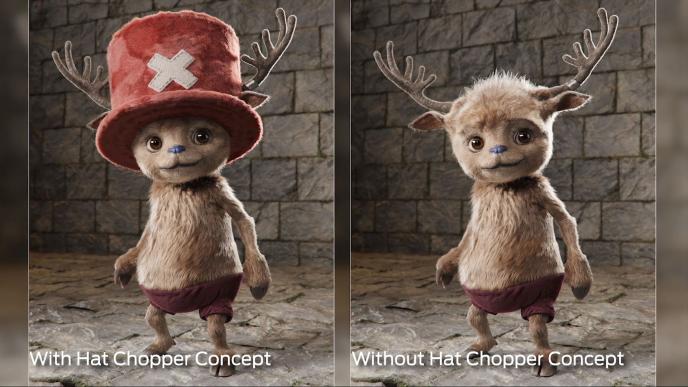 Side-by-side character concepts showing Tony Tony Chopper from the live action ONE PIECE series with and without a large red hat against a stone wall.