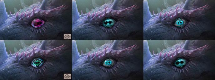 Concept art for Monarch S2, exploring different color variations and glowing pupil designs for the eyes of Titan X.