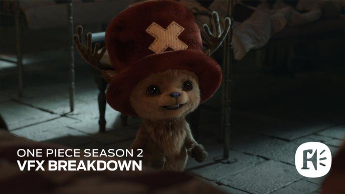 CG animated Tony Tony Chopper stands in a dim room; promotional text references a One Piece Season 2 VFX breakdown.