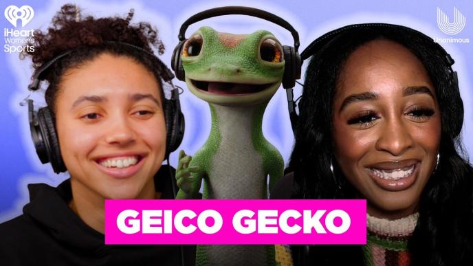 Azzi Fudd and Ashanti Plummer wearing headphones flank the GEICO Gecko above a bright pink “GEICO GECKO” title banner.