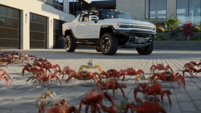 animated crabs on a driveway in front of a hummer car 