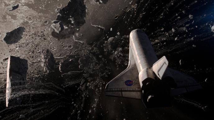 A space shuttle approaches the moon, surrounded by debris