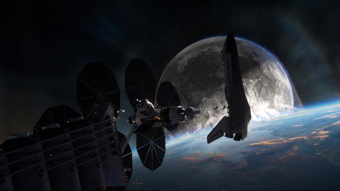 A spaceship in outerspace, above the Earth, approaching the moon
