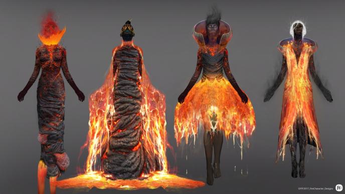 four fire themed characters standing side by side showcasing dresses and outfits