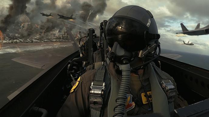 Chris Pratt flies a fighter jet over a burning cityscape