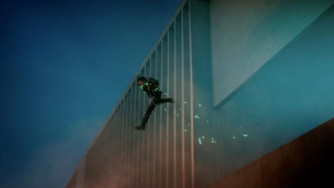 an animated character jumping out of a building