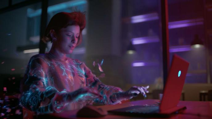 animated character in a dimly lit room, sitting at a desk by their laptop. as they are typing their body is covered with them about to shapeshift into a suit