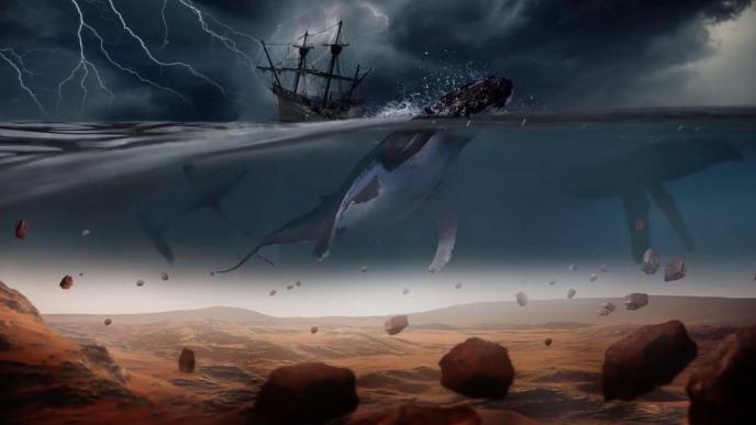 sci-fi planet of a ship at stormy seas on top of the image. in the middle section there are three whales swimming. the bottom section of the image looks like a mars like red planet and there are rocks floating